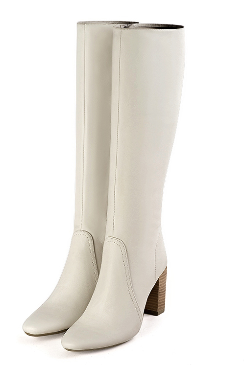 Off white women's feminine knee-high boots. Round toe. High block heels. Made to measure. Front view - Florence KOOIJMAN